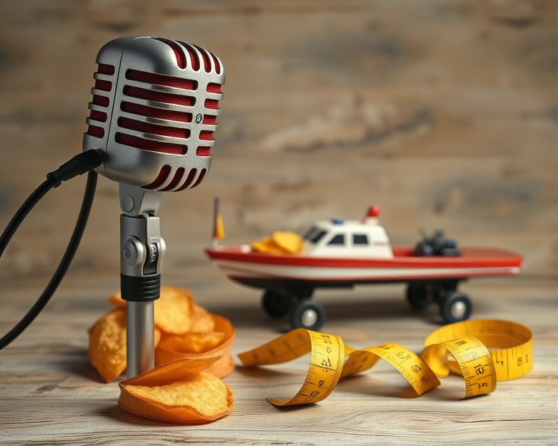 microphone, potato chip, tape measure, boat, skateboard